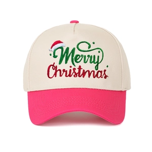 Detail of Merry Christmas embroidery on cream and magenta five-panel baseball cap
