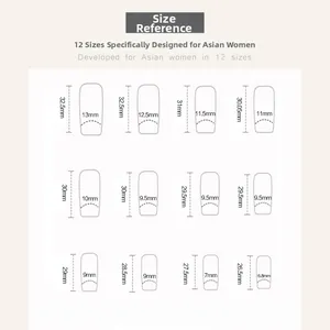 Size chart showing 12 dimensions for long French style press-on nails in millimeters