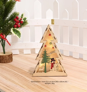 Detailed view of 14x20cm wooden Christmas LED tree with snowman and reindeer scenery