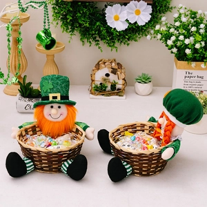 Close-up of St. Patrick's Day woven candy baskets with leprechaun doll and festive details