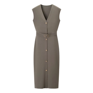 Olive green V-neck sleeveless midi dress with matching belt and gold buckle detailing