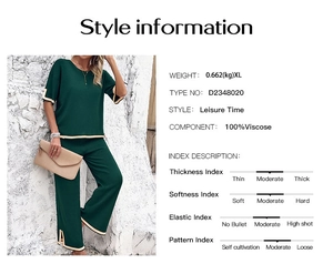 Detailed size and material information for dark green two-piece viscose knit set