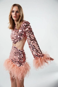 Détail de la robe à paillettes roses avec découpe à la taille et plumes sur les manches