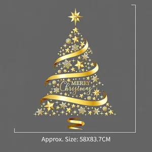 Golden Christmas tree wall decal with stars and snowflakes, size 58x83.7cm