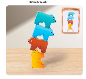 Detail of wooden bear stacking blocks with a challenge card for kids educational balance play