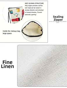 Detail showing high-quality fine linen fabric with anti-slip alloy zipper of makeup bag