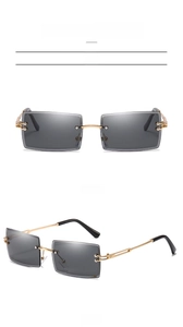 Front and side view of rimless rectangular sunglasses with grey gradient lenses and gold arms
