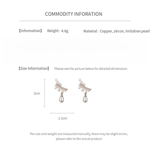 Detailed technical specifications for pearl and zircon teardrop earrings including weight and size