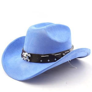 Close-up of bright blue suede cowboy hat with silver skulls and brown leather band