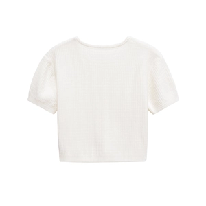 Detailed view of the white ribbed knit cardigan with short sleeves and crew neckline