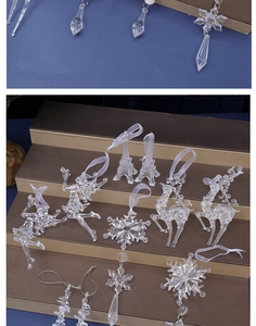 Close-up of clear acrylic Christmas ornaments including snowflake and reindeer shapes