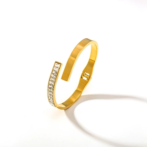 18K gold plated stainless steel cuff bracelet with rectangular cubic zirconia stones