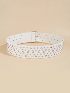 Close-up of white PU leather belt with silver metal rivets and hollow round eyelets