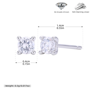 Detailed view of 925 sterling silver stud earrings with 5A grade zircon and size specs