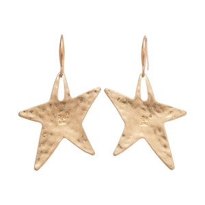 Minimalist gold star earrings with hammered metal texture and brand logo on the back