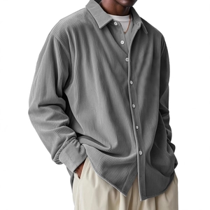 Men's loose fit grey corduroy shirt with long sleeves and ribbed texture design