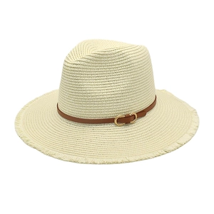 Classic wide brim straw sun hat with brown leather band and gold buckle detail
