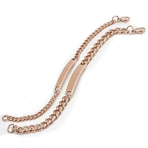 Set of two rose gold stainless steel ID bracelets with flat curved bar and Cuban chain links