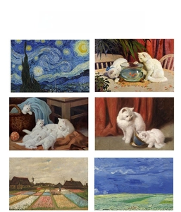 Detail view of 6 PVC placemats featuring Van Gogh Starry Night and cat oil paintings