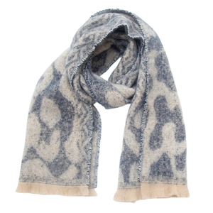 Detail of grey-blue and beige leopard pattern scarf with fringe on white background