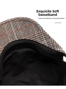 Detail of soft cotton sweatband inside the plaid ivy cap for sweat absorption
