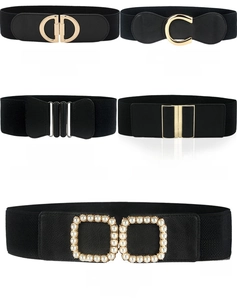 Detailed comparison of five black elastic belts with various decorative metal buckles