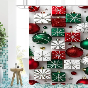 Waterproof polyester Christmas shower curtain with 3D red and green festive gift box print