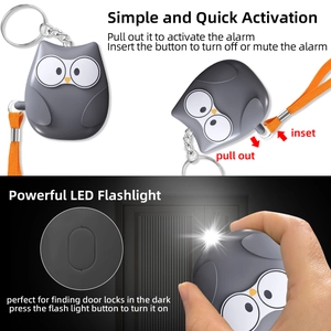 Infographic showing owl personal alarm with LED flashlight and activation pull ring