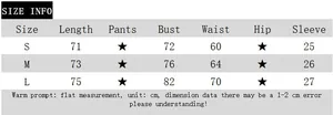 Detailed sizing chart for lace bodysuit with length, bust, and waist measurements in cm