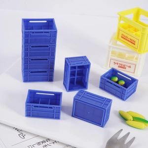 Miniature beer crate storage models in blue and yellow for dollhouse scene decoration