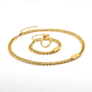 18K Gold Plated Stainless Steel Necklace Bracelet Earrings Ring Jewelry Cuban Link Rectangular Bar Retro For Women