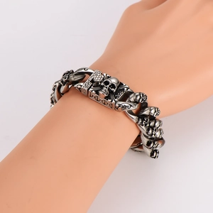 Retro stainless steel double row skull bracelet for men with vintage punk gothic design
