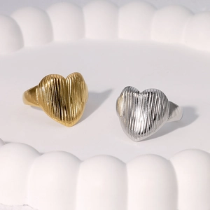 Heart Shape Ring Stainless Steel Vertical Striped Texture Adjustable Open Design Chic Minimalist Jewelry For Women