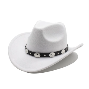 Detail of white felt cowboy hat with black belt featuring silver vintage buckles