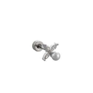 Silver flower stud earring with zircon petals and white pearl on white background