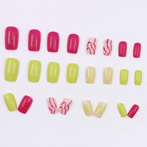 Short square press-on nails set featuring vibrant rose red, green and wave pattern designs