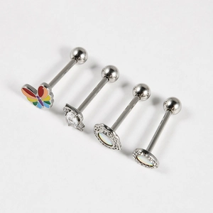 Détails de piercings de langue en acier inoxydable avec papillon et strass brillants
