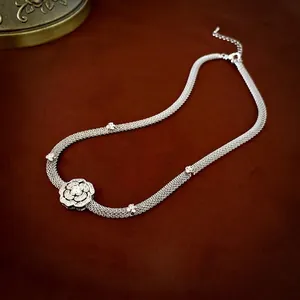 Elegant Camellia Flower Pendant Necklace Copper Zircon Rhinestone Woven Mesh Chain Jewelry For Women