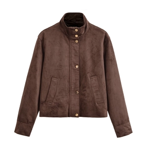 Brown faux suede jacket with stand collar and gold metal buttons on plain white background