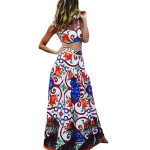 Women's 2-piece set with floral print halter crop top and long skirt in Mediterranean style