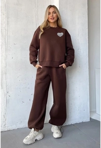 Detailed full body view of dark brown crewneck sweatshirt set with heart print
