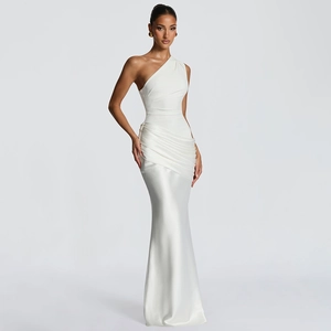 Detail of elegant white one-shoulder satin evening dress with draped pleats and slim fit