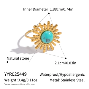 Detailed size specifications for gold stainless steel ring with natural turquoise stone