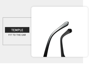 Detail of ergonomic black glasses temple with fit to the ear design for comfort