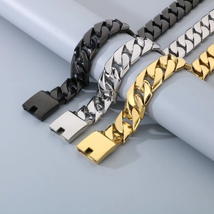 Three men's 24mm cuban chain bracelets in polished gold, silver, and black finish
