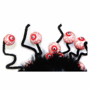 Spooky Halloween eyeball headband with red bloodshot eyes and black feather trim decor