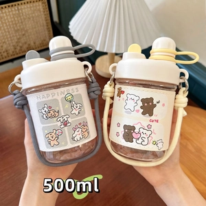 500ml cute cartoon dog and bear plastic water bottle with straw and portable strap