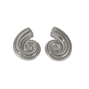 Symmetric pair of silver spiral croissant earrings in polished stainless steel finish