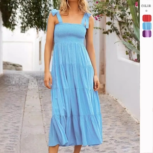 Women Smocked Maxi Dress Tie Shoulder Tiered Summer Vacation Boho Swiss Dot Backless Casual Solid Color Long Sun Dress