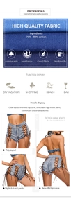 Dettaglio di pantaloncini di jeans a vita alta blu chiaro con trama in cotone